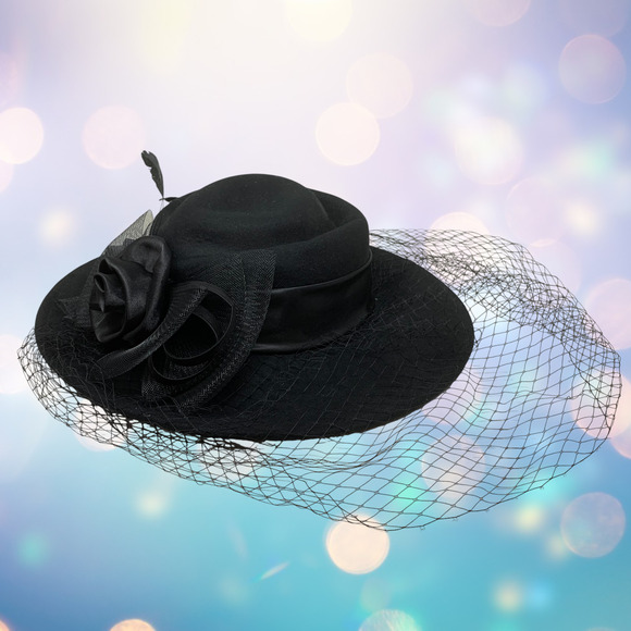 Elegant Black Wide Brim Dress Hat Rose Mesh Organza Bow Veil Church Derby Wool - Picture 4 of 9